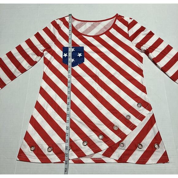 Womens Modlily Patriotic Flag Print T Shirt Top 3/4 Sleeve Bottom Ring Detail M - Picture 11 of 11